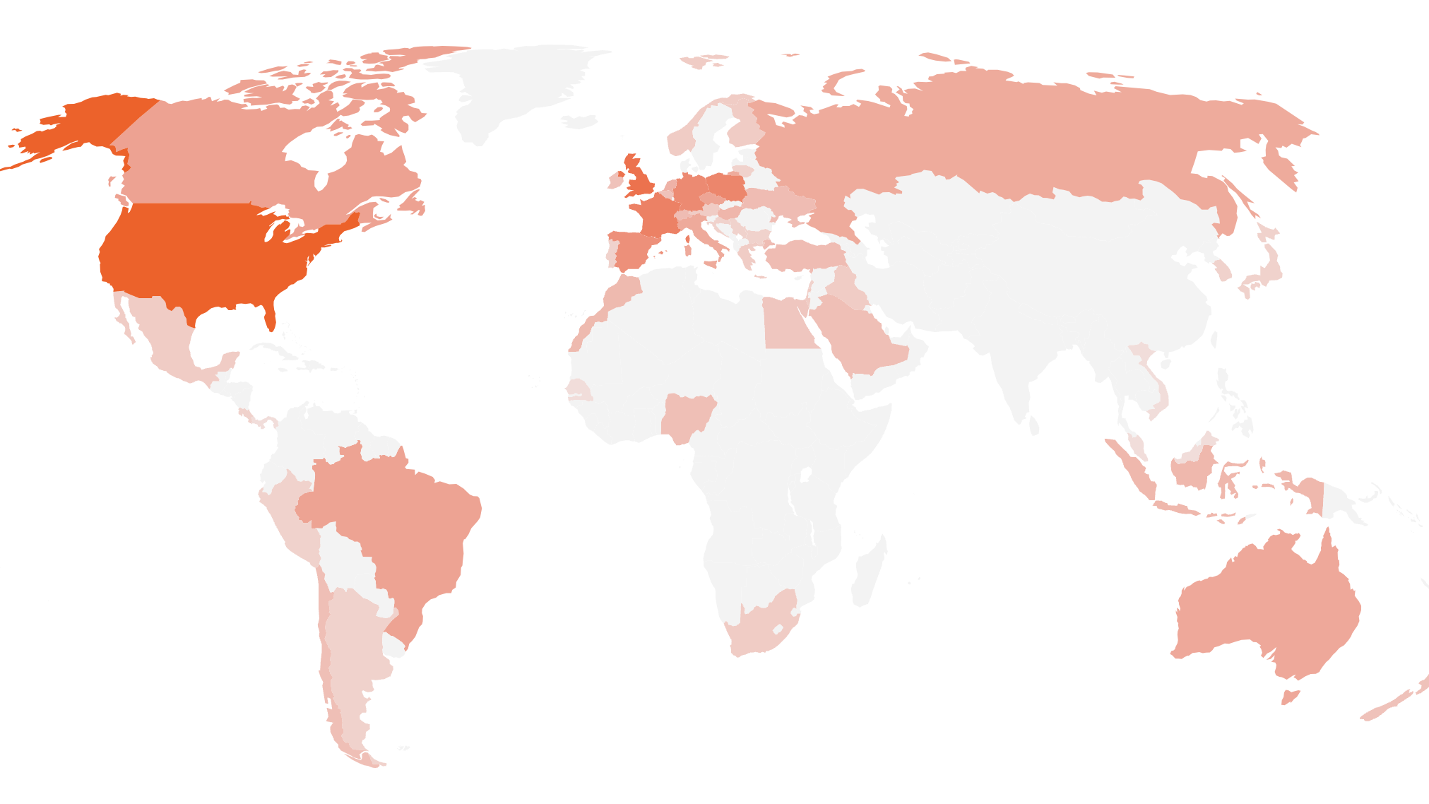 A heat map of the world showing the countries people have listened to just ge.rge on soundcloud from